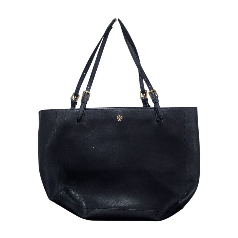 Tory Burch Navy Saffiano Leather Tote Bag Gold Logo Classic Work Shopper